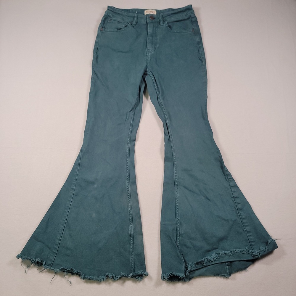 Shyanne Extreme Flare Jeans Womens 29 Teal Green Solid High Rise Cotton Stretch - Picture 2 of 12